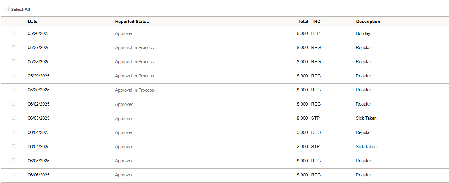 Example of timesheet screen with Approval In Process error.